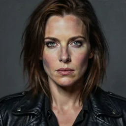 portrait of carrie fisher, gritty, dark, wearing a leather jacket, very detailed eyes, hyperrealistic, very detailed painting by Glenn Fabry, by Joao Ruas, by Artgerm