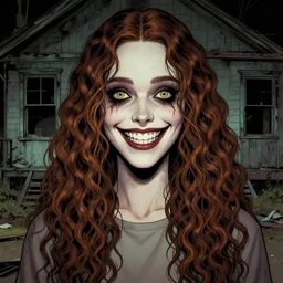 artgerm, joshua middleton comic cover art, pretty serial killer maika monroe creepy smiling, full body, symmetrical eyes, symmetrical face, long curly brown hair, abandoned house background