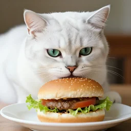 white cat with green eyes, eating a plate of hamburger