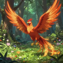 a phoenix in a forest, surrounded by a patch of grass and flowers that aren't being burnt, hd, fantasy, ethereal fantasy hyperdetailed. anime