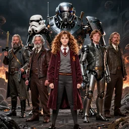 detailed ultrarealistic photography front medium shot of starwars, fantasy, cyborg machine, hermione granger, leyendecker, norman rockwell, greg rutkowski, artstation cinematic, vray game of thrones, lord of the rings