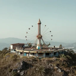 an abandoned amusement park on top of a mountain. abandoned. you'd come all over the park. roller coasters, carousel. weak fog. cloudy weather. photography. photorealism. award - winning image.