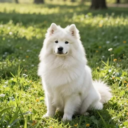 a samoyed dog sitting in the middle of sunny meadow, colored, by Hajime Isayama