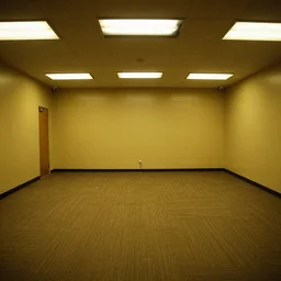 Jerome Powell lost in the backrooms, old moist carpet, mono-yellow, fluorescent lights, randomly segmented rooms, eerie