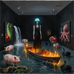 painting of a flooded art gallery at night, a tall emo girl, a glowing brain, nightmare, a burning canoe, candles, knotted hemp rope, art gallery interior with black walls, pigs, courgette, waterfall, pomegranates, octopus, zen, sensual, liminal space, black swans, berries, surrealist, by magritte and monet