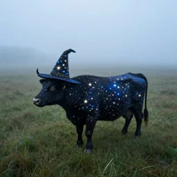 a detailed picture of a cow made of stars wearing a witch hat standing in a grassy field, cow wearing hat!!! viewed in profile and far away, fog in the background, ultrawide lens, aerial photography, black and blue color scheme with gold highlights, art by kirby and greg rutkowski, artstation, 8 k
