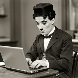 an old photo of charlie chaplin using a laptop