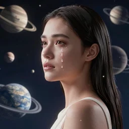 shoulder level shot of a woman, tears flowing down, [ planets orbit around her ] trending on artstation 3 2 k quality cgsociety contest winner award winning art zbrush 3 d render sharp intricate detailed refined details concept art surrealism cinematic effervescent