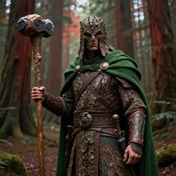 full portrait of a warrior, tree bark armor, big wooden club, green cloak, filled with a redwood forest, solarpunk, highly detailed, matte painting, by midjourney
