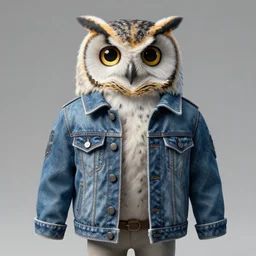 portrait of an owl made of jeans jacket, medium shot, super realistic, cinematic, octane render