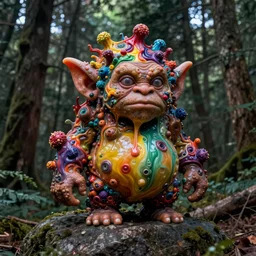 a troll on a rock in a forest, bloated, fluid, smooth, organic, crazy, bright, colours, tumours, high contrast, sharpness, dramatic, very detailed, intricate, by giger and corben and moebius and beksinski and bosch and bacon