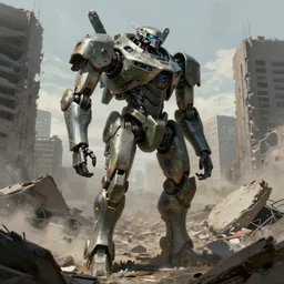a bipedal mech standing among the rubble of a destroyed city by simon stalenhag, trending on artstation, mecha, military, science fiction, digital painting