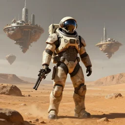 space soldier on mars with a gun, futuristic city on floating islands in the background, a highly detailed, digital painting, artstation, concept art, matte, sharp focus, illustration, art by artgerm and greg rutkowski, octane render