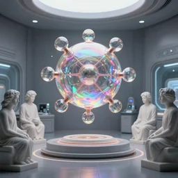 simplicity, sci fi lab room, sculpture of a holographic iridescent luminescent mandelbulb floating, marble sculptures of people surrounding, by moebius, by simon stalenhag, by andrew jones, ethereal, cinematic, 8 k, unreal engine, volumetric lighting,