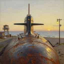 painting by dean cornwell, nc wyeth painting, ultra wide, vanishing point, 3 d perspective, beached submarine, incredible, award winning, up close, climbing, beaching, rust, sadness, golden hour, junk town, lanterns, lookout tower, telephone pole