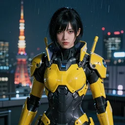 A hyperrealistic portrait painting of a cyber warrrior girl wearing futuristic mecha suit, black and yellow shinny color armor, ultradetailed face expression trending on artstation and artbreeder, cyberpunk color feel raining at tokyo midnight rooftop, unreal 5, DAZ, 8k, unreal 5 engine render, cosplay, RPG portrait, final fantasy Vll world concept, dramatic lighting, rim lights, PS5 render quality