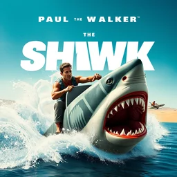 movie poster with titles, paul walker, rides a shark, great white sharks teeth, water splash, jet skis, racing, the desert, sweaty