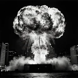 dark photo of a nuclear explosion in new york in the year 1 9 5 1, black and white