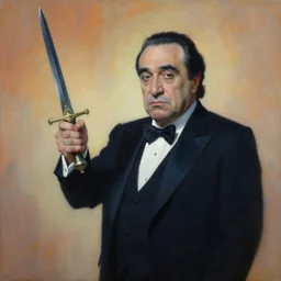 painting of danny devito holding a ceremonial dagger, sacrifical ritual, by zdzislaw beksinski, by dariusz zawadzki, by john jude palencar, by micheal whelan, gothic, surrealism, cosmic horror, lovecraftian, cold hue's, warm tone gradient background, concept art, beautiful composition