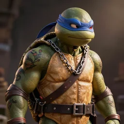 ninja turtle donatello with tattoos and a chain
