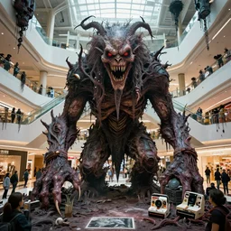 terrifying indigenous monster creature inside creepy toronto shopping mall designed by wayne barlowe, beksinski, akihiko yoshida, gantz, moebius, silent hill, neill blomkamp, pixar, kodak polaroid, intricate details, 8 k resolution, hyperrealistic, masterpiece