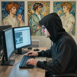 Hacker man hacks computer, highly detailed, digital painting, artstation, concept art, smooth, sharp focus, illustration, art by artgerm and greg rutkowski and alphonse mucha