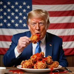 donald trump as a rick and morty character eating kentucky fried chicken and barfing gravy all over the american flag