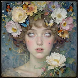 a beautiful young lady with huge bright silver eyes, explosion of flowers and butterflies, daguerreotype by pontormo, by gustave moreau, by schiele, art noveau, highly detailed, strong lights, liminal, eerie, Bright pastel colors
