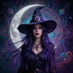 psychadelic moon witch with a hat, hyper detailed, flowing psychadelic background intricate and detailed, 8 k, octane render