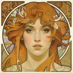 realistic detailed face portrait of Mia Kirschner in the style of Alphonse Mucha by Alphonse Mucha, Ayami Kojima, Yoshitaka Amano, Charlie Bowater, Greg Hildebrandt, Jean Delville, Karol Bak, and Mark Brooks, Art Nouveau, Pre-Raphaelite, Gothic Revival, exquisite fine details, 4k resolution