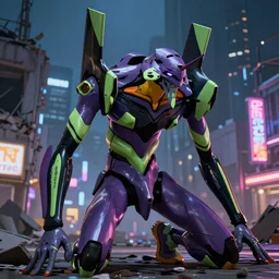 Evangelion unit 01 pallete , zoom shot, telephoto lens, low aperture street level, buildings collapsed ,hyper-realistic, neon evening, inspired by Katsuhiro Otomo, pixelactivist