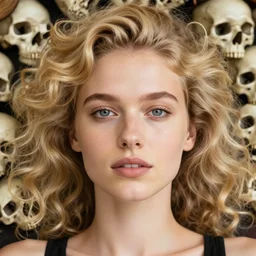 front editorial photo of lying on bones european female in bazaar, blonde, curly hair, clean big eyes, symmetrical beautiful face, clean skin, bones in background, skull jewelry, native costume and accessories,, fashion editorial photography, hyperrealistic, from vogue magazine, ultra realistic, artgerm, reflections, gold, teal, orange