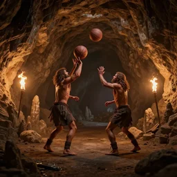 octane render of cavemen playing basketball inside cave at night, cave lit by torch light, stalagmites