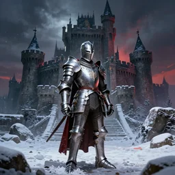 paladin knight in snow in front of a castle by Lim Chuan Shin, moody, high contrast, vibrant colors, dark fantasy, 8k, ultra detailed