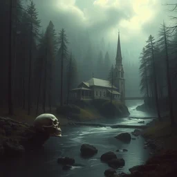 a photo of a dream world, forest, river, skull, church, dark lighting