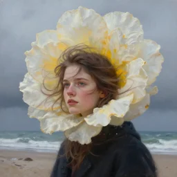 closeup, giant flower head, a girl on beach, surreal photography, wind and cold, dramatic sky, impressionist painting, digital painting, artstation, simon stalenhag