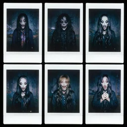 ominous polaroid photo character designs sheet of scary entity cryptid designed by emil melmoth, junji ito, yoshitaka amano, toronto midnight haunted playground, midnight, weirdcore, deep aesthetics, global illumination