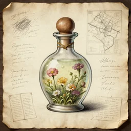 technical drawing of a potion made out of flowers, rpg, adorned bottle, detailed map, notes, scribbles, old paper