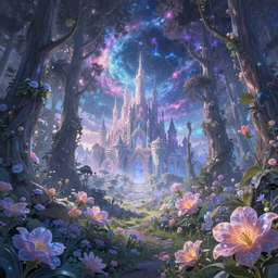 a grove of iridescent flowers with a magical castle in the distance, dreamy, ethereal, eternity, cosmic, majestic, interstellar, vivid sky, digital art, airbrush, intricate, epic, depth, artstation, Jessica Rossier, Raphael Lacoste, highly detailed, stunning vista, octane render, 8k