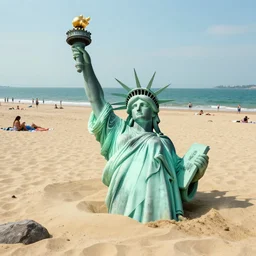 the statue of liberty destroyed and sunk halfway into the sand like in the movie planet of the apes with vacationers lying on the beach