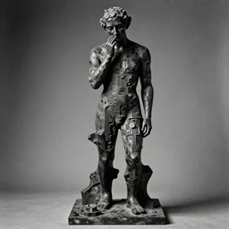 extreme harsh lighting antique photograph of biomorphic surreal sculpture of a standing figure of a mourning survivor, made of black plaster and old circuitry and stained with charcoal, fractal 3 d structure, sculpted by alexander rodchenko and eva hesse, photographed by francesca woodman, tragic grainy high contrast shocking detail trending on artstation 8 k
