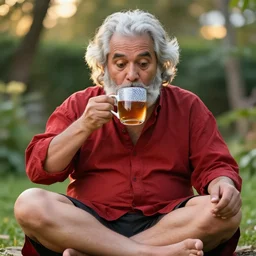 mr robert is drinking fresh tea, smoke pot and meditate in a garden from spiral mug, silver hairs, detailed glad face, chest legs, chubby belly, happy toes, golden hour closeup photo, red elegant shirt, eyes wide open, ymmm and that smell