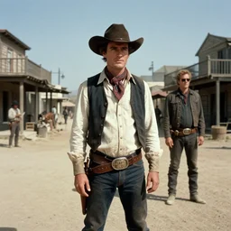 Jar Jar Binks in a cowboy outfit, standing in a dusty old western town. Movie screenshot directed by Sergio Leone and Quentin Tarantino. Cinematic. 24mm lens, 35mm film, Fujifilm Reala, f8
