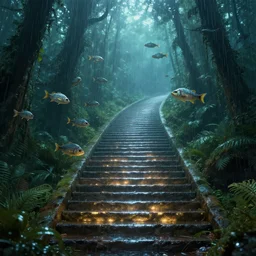 immaculate matte painting of infinite shining stairs in a rain forest with cyborg angler fish in the air, trending on artstation, panoramic