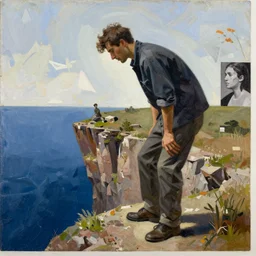 portrait of a man looking down a cliff by lina iris viktor and velasquez, oil painting, decollage 4 k
