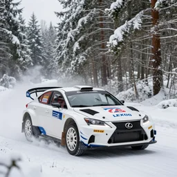 a 2 0 0 9 lexus is - f, racing through a rally stage in a snowy forest