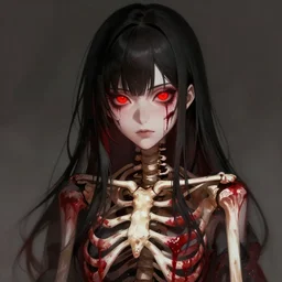 A realistic anime portrait of a beautiful skeleton woman with glowing red eyes wearing clothes made of blood, digital painting, by Stanley Artgerm Lau, Sakimichan, WLOP and Rossdraws, digtial painting, trending on ArtStation, SFW version