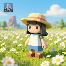 lowpoly ps 1 playstation 1 9 9 9 anthropomorphic lurantis girl standing in a field of daisies wearing a hat, mount doom in the distance digital illustration by ruan jia on artstation