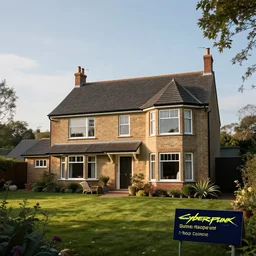 cyberpunk, an estate agent listing external photo of a 5 bedroom detached house in the countryside, by Paul Lehr, highly detailed, photorealistic, 8k, anamorphic, cinestill cinematrography