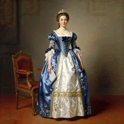full body portrait of a young german princess standing by a chair by Franz Xaver Winterhalter and Andreas Herman Hunæus painted in the 1900s, romanticism, vivid, fancy, beautiful, rococo, coherent